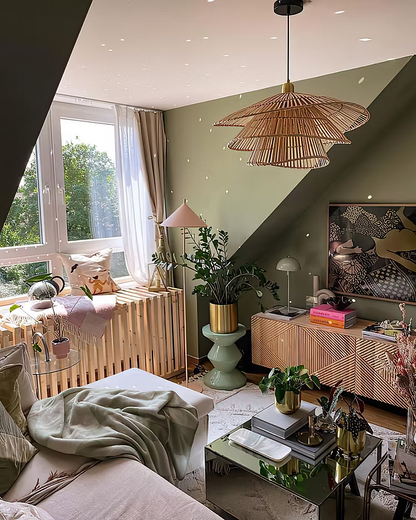 Modern living room with a large window, decorative plants, and a GLOW 2XL VIETNAMESE Nón Lá RATTAN PENDANT LIGHT