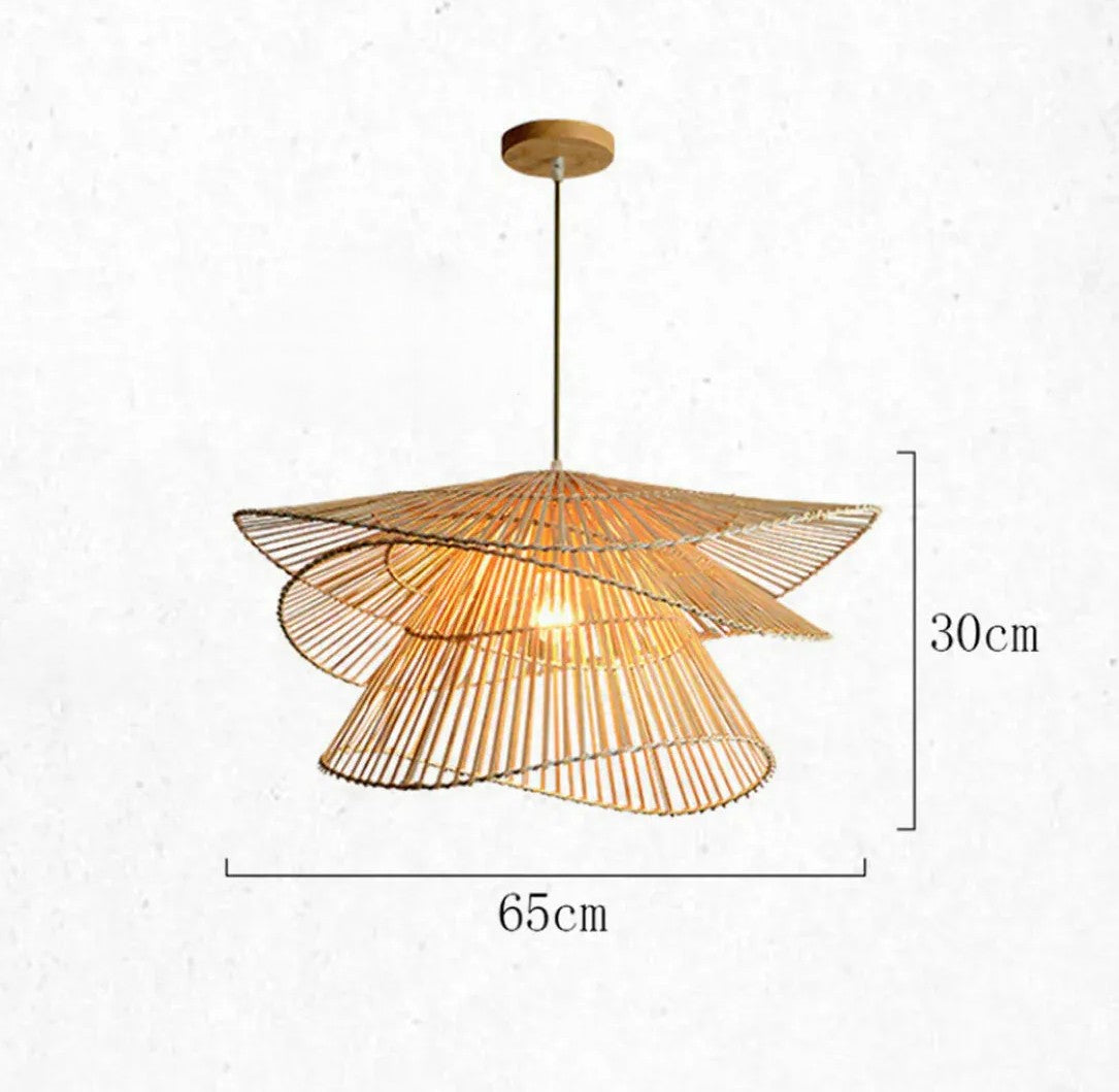 GLOW 2XL VIETNAMESE Nón Lá RATTAN PENDANT LIGHT with dimensions on a white background