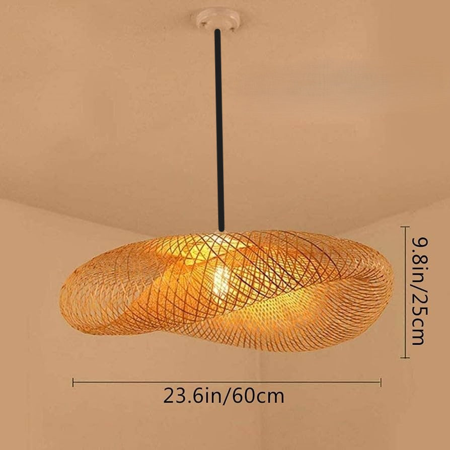 GLOW MOBIUS STRIP RATTAN PENDANT LIGHT with dimensions on a beige background