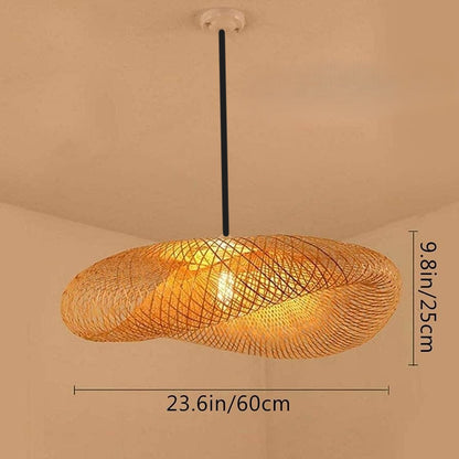 GLOW MOBIUS STRIP RATTAN PENDANT LIGHT with dimensions on a beige background